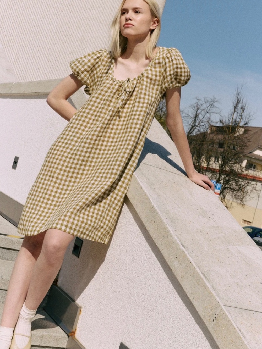notPERFECTLINEN Mari Puff Sleeve Dress, Lightweight Chocolate Gingham, M, NWOT - Picture 14 of 14